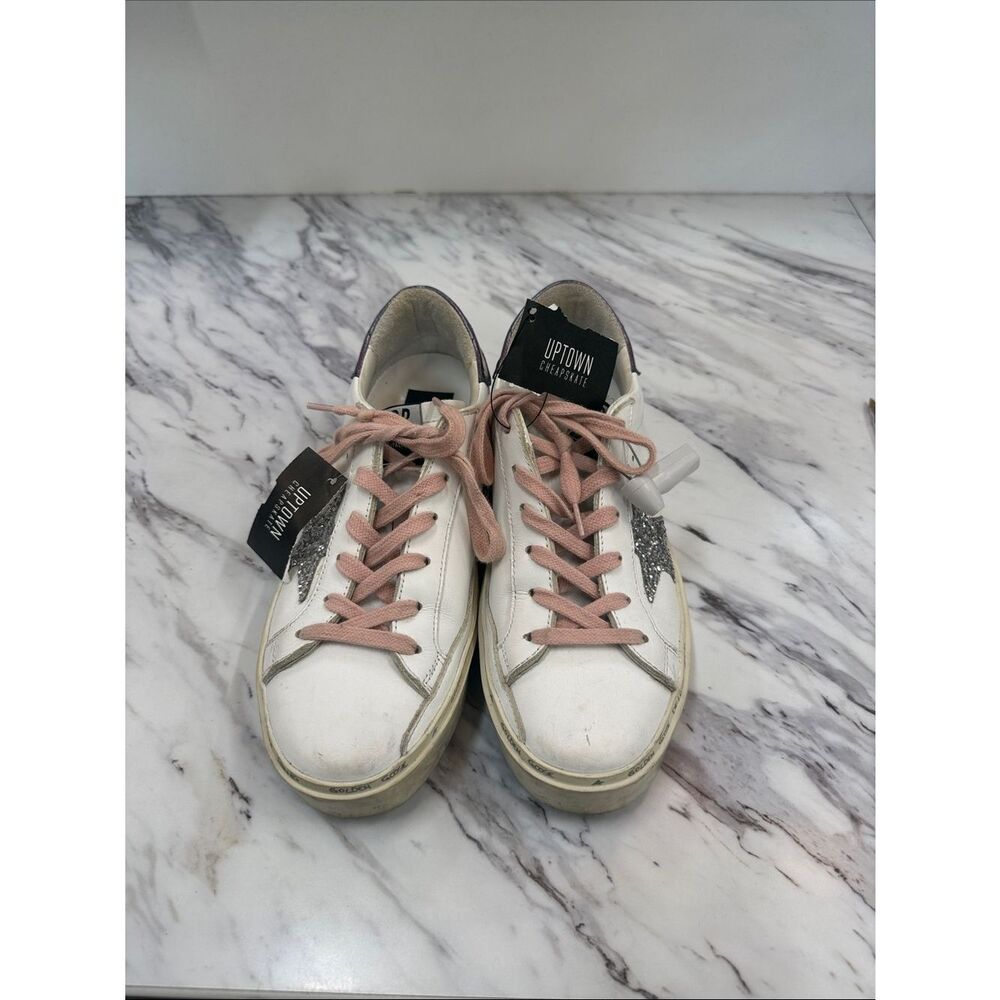 Golden Goose White Leather Sneakers with Pink Laces and Silver Star
